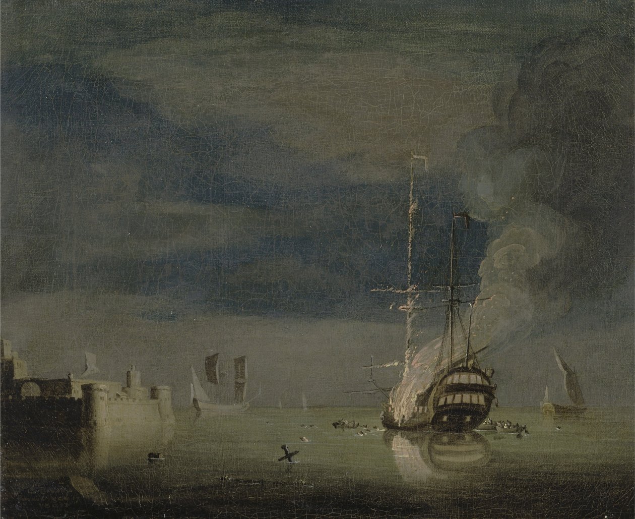 A Two-Decker on Fire at Night off a Fort, ca. 1740 (olie på lærred) af Charles Brooking