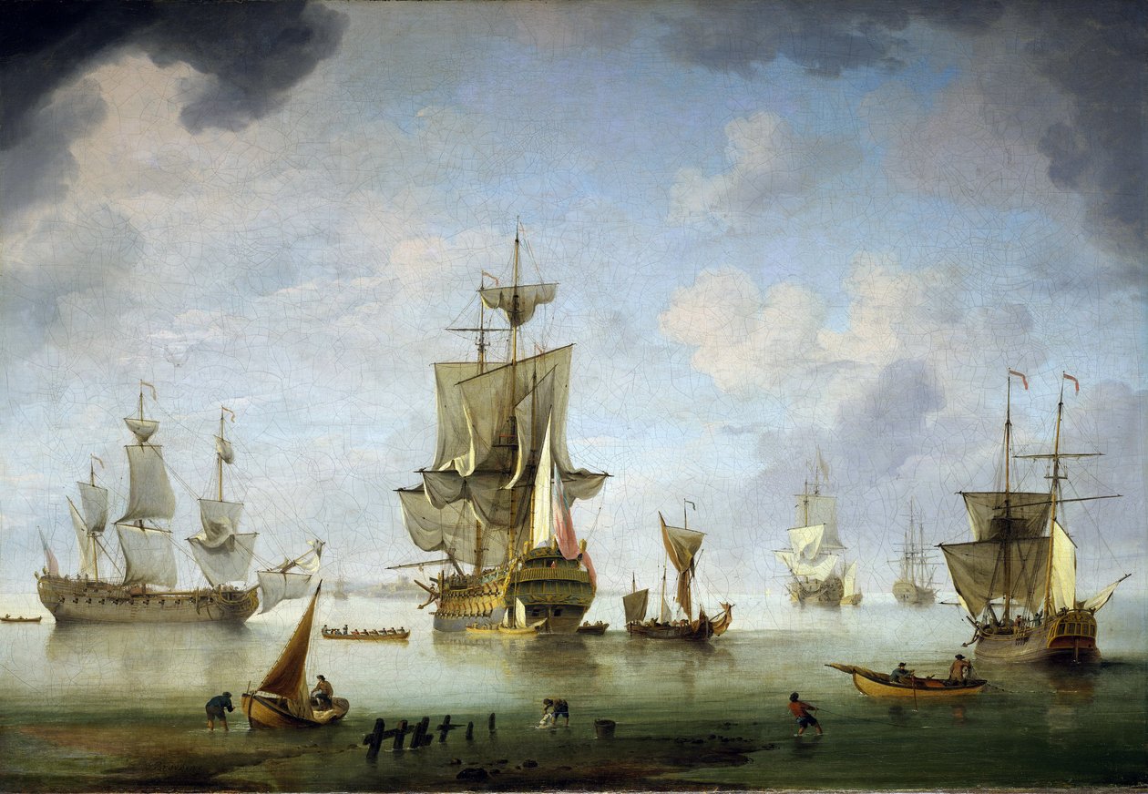 Ankerplads i Solent, en havstrækning mellem Isle of Wight og England. Olie på lærred af Charles Brooking