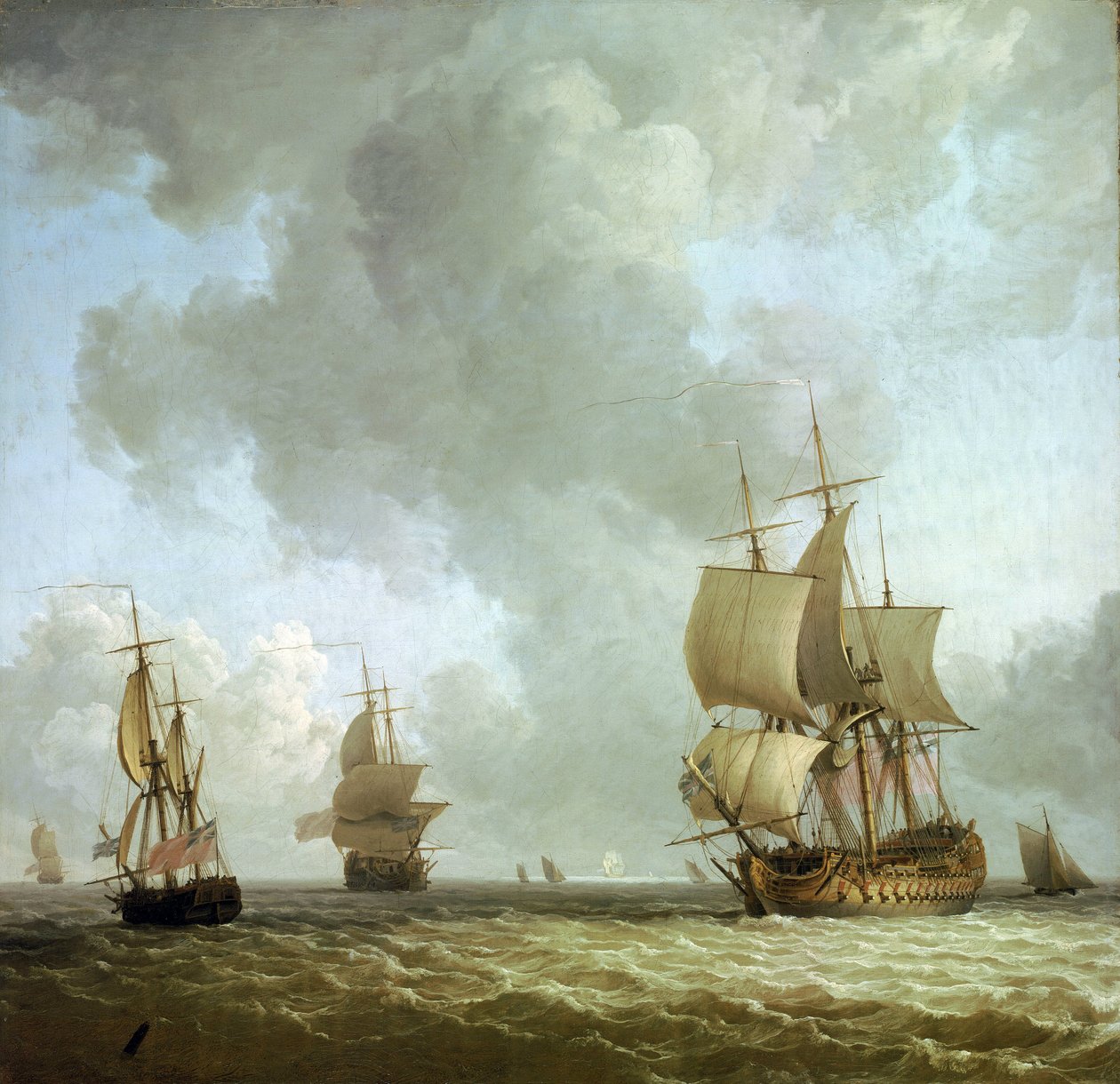 Skibe fra den britiske flåde blæser i havvinden. Olie på lærred, omkring 1750, af Charles Brooking (1723-1759). af Charles Brooking