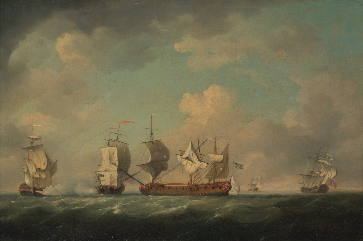 Erobringen af de franske skatteskibe Marquis dAntin og Louis Erasmé, mellem 1745 og 1755 af Charles Brooking