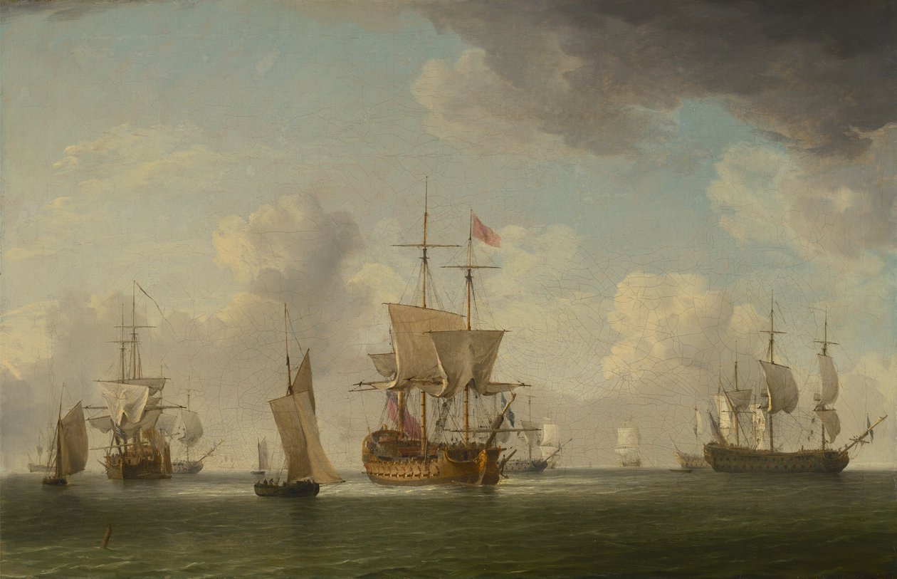 Engelske skibe under sejl i en meget let brise af Charles Brooking