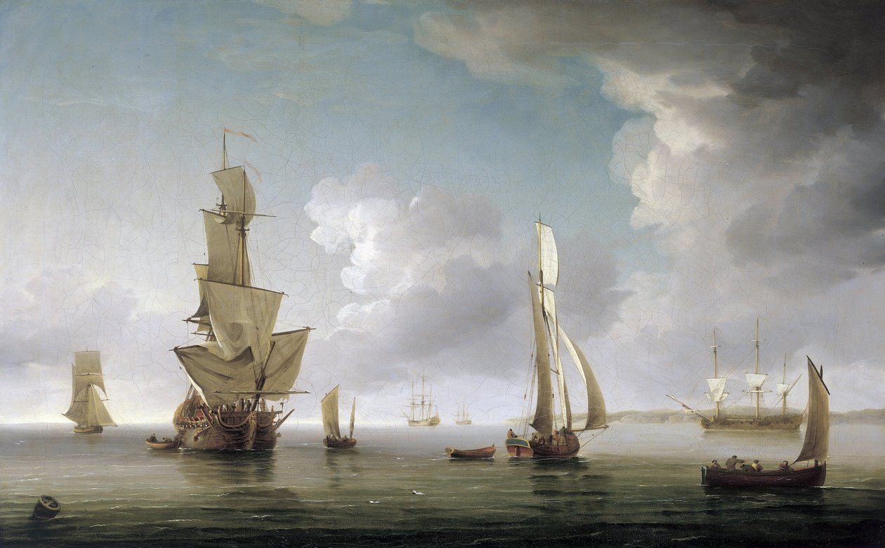Sejlads i Themsens flodmunding (England), mange forskellige både og beskrivelse af den engelske kyst. Olie på lærred af Charles Brooking