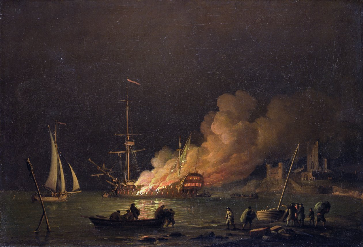Ship on Fire at Night, ca. 1756 (olie på lærred) af Charles Brooking