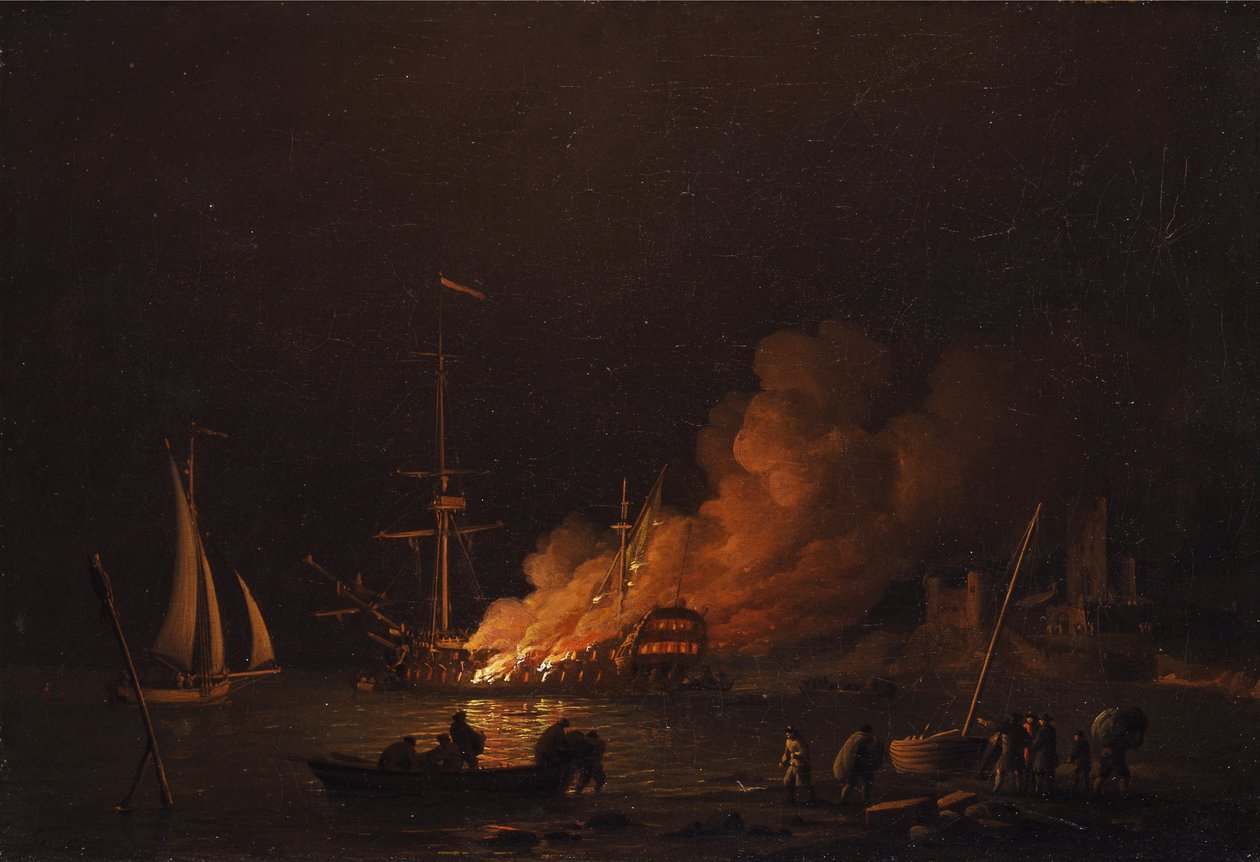 Skib i brand om natten, ca 1756 af Charles Brooking