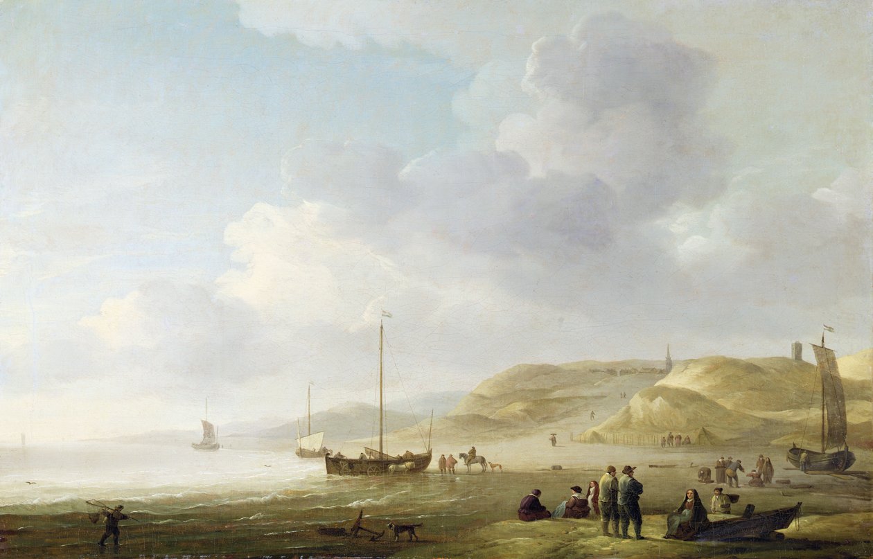 Kysten nær Scheveningen med Fishing Pinks on the Shore (olie på lærred) af Charles Brooking