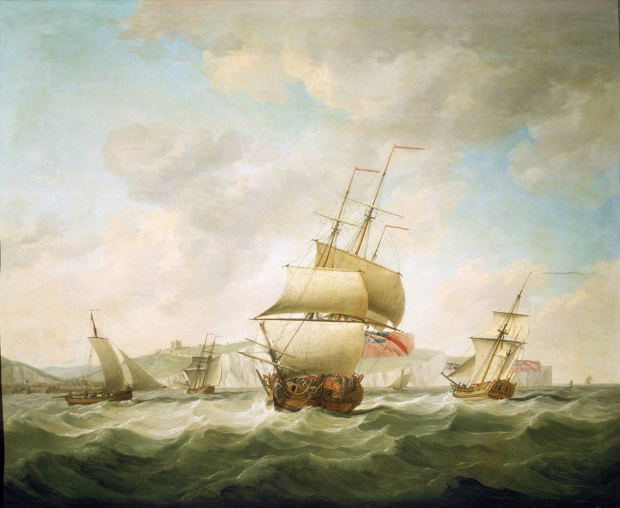 Handelsskib og kongelig yacht slået i vinden ud for Dovers kyst (England). Olie på lærred, omkring 1750, af Charles Brooking (1723-1759). af Charles Brooking