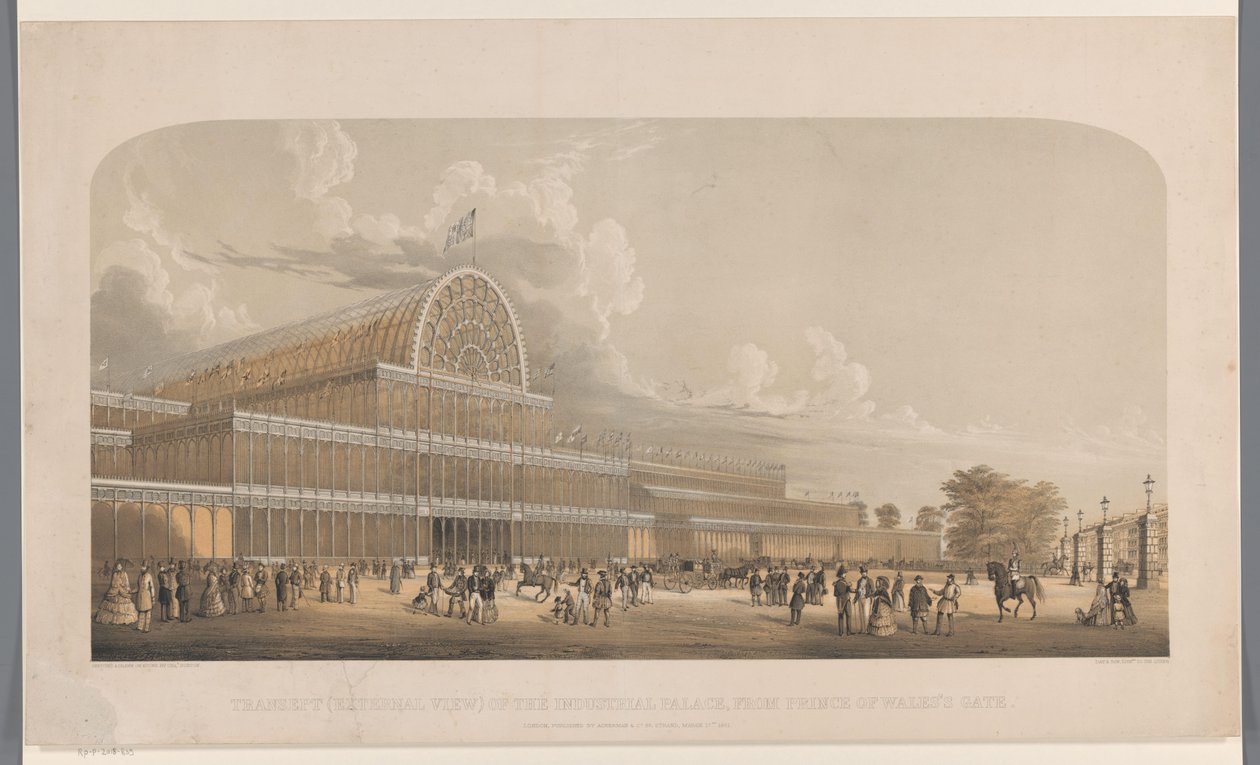Se på Crystal Palace Tværarm (eksternt billede) af industripaladset, fra Prince of Wales Gate (titel på objekt) af Charles Burton