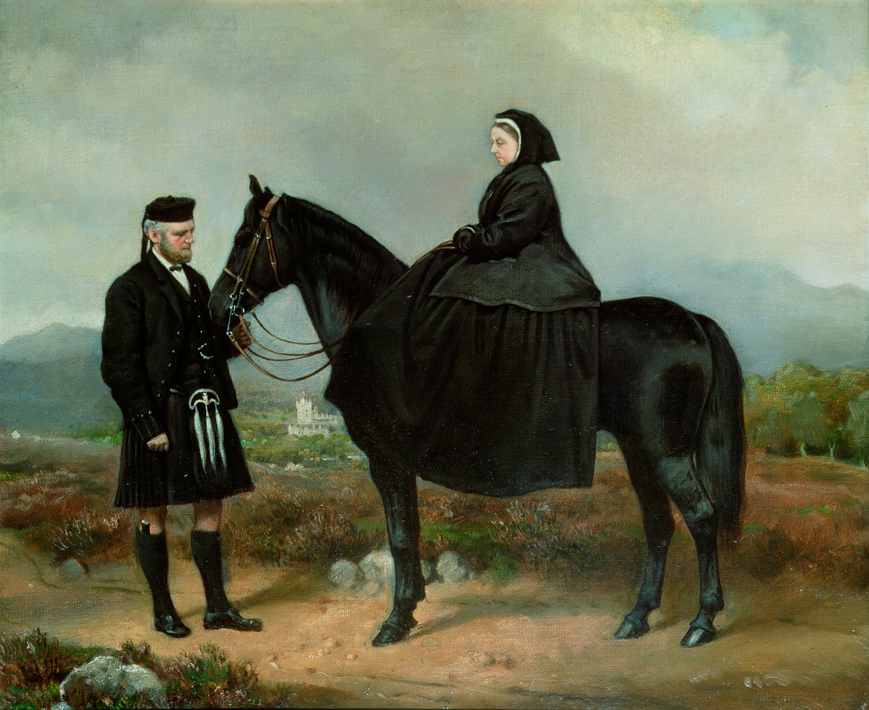 Dronning Victoria (1819-1901) til hest med John Brown af Charles Burton