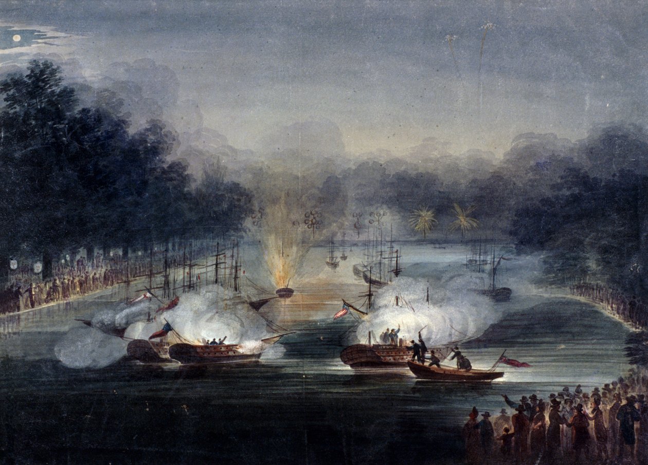 Udsigt over en falsk kamp på Serpentine, Hyde Park, London, 1814 af Charles Calvert