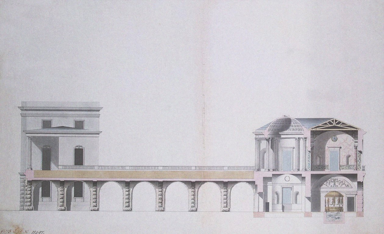 Tværsnit af Agat-pavillonen og den hængende have ved Tsarskoye Selo, ca. 1780 (pen og blæk med wc på papir) af Charles Cameron