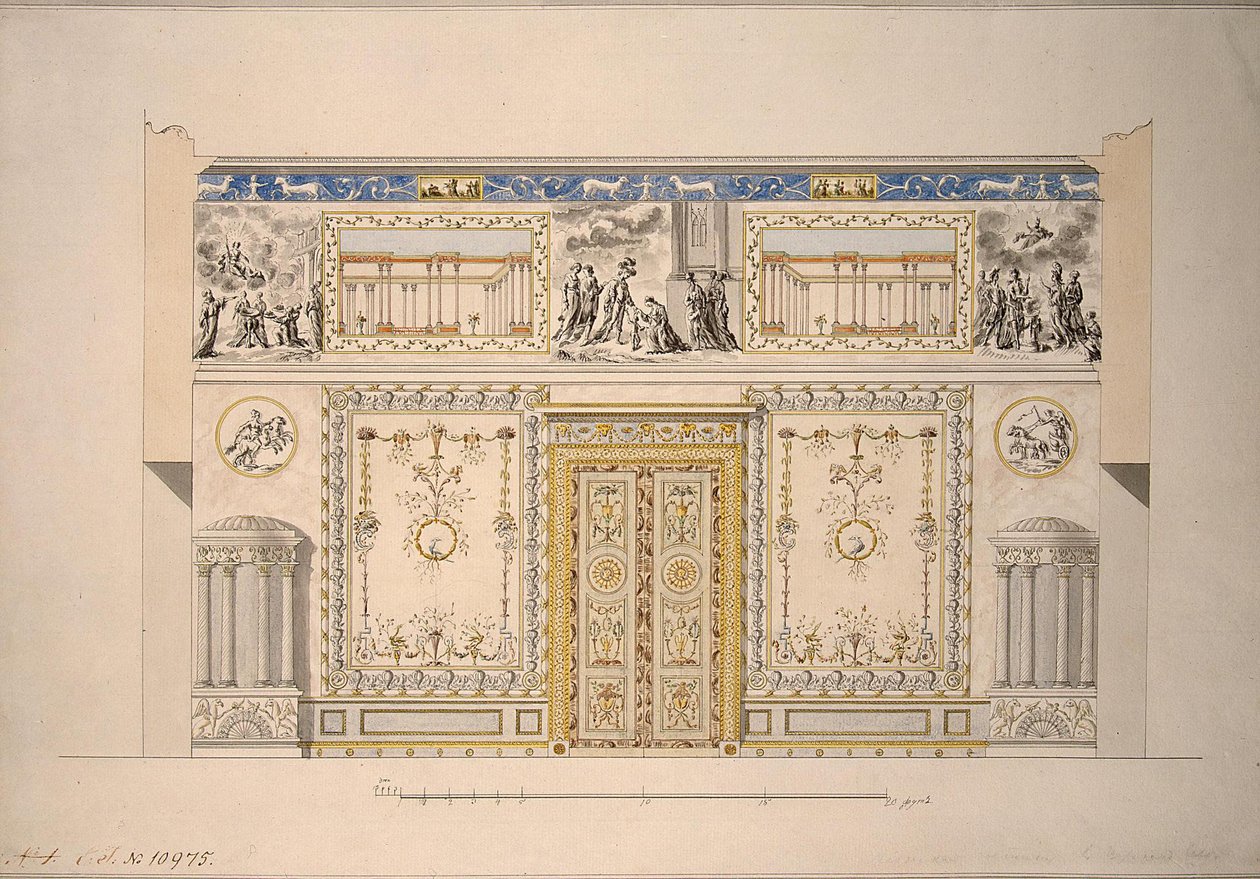 Design til Lyons Hall Yellow Drawing Room i det store palads i Tsarskoye Selo, begyndelsen af 1780
