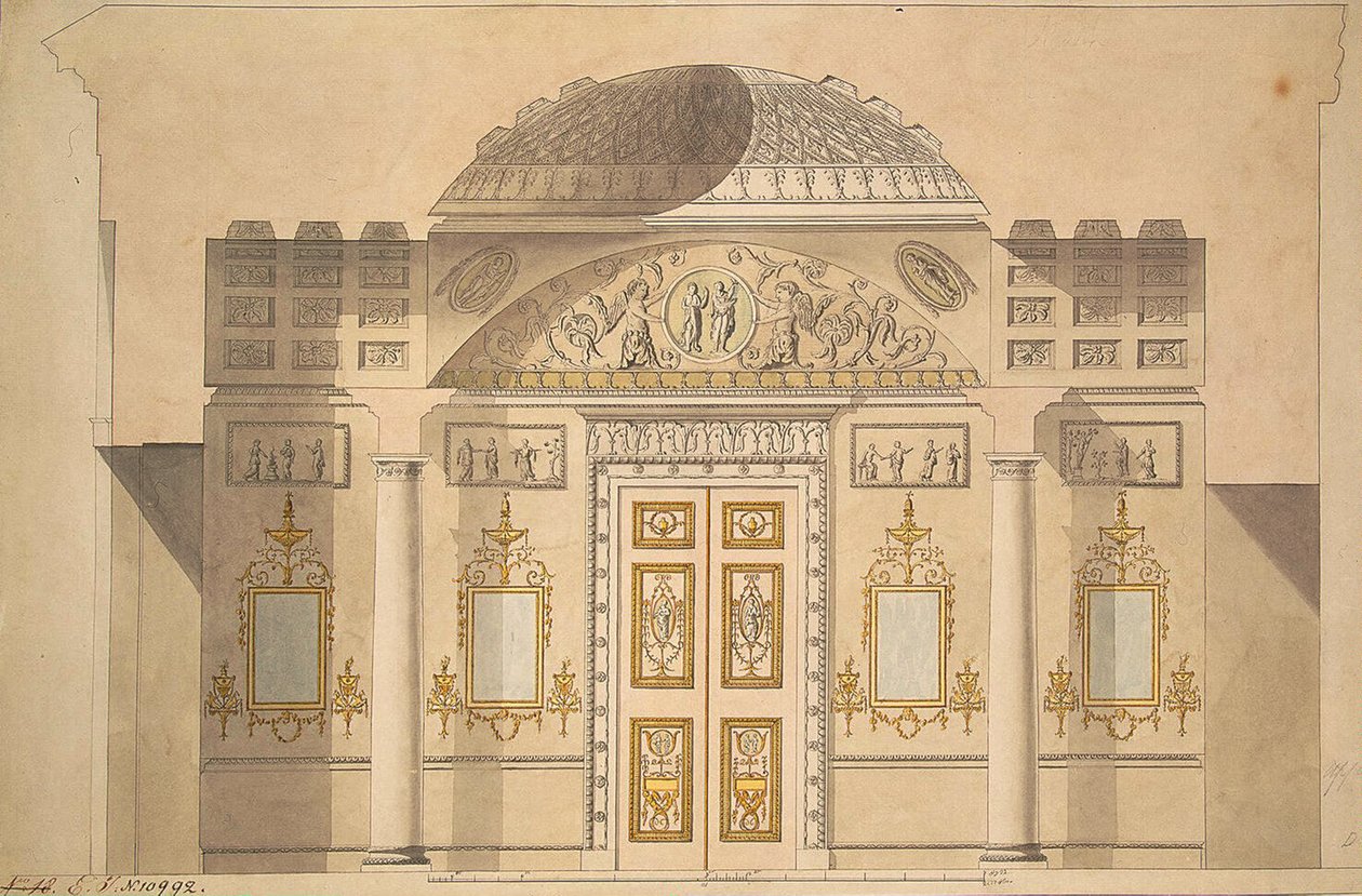 Forhøjning af spejlvæggen i Jaspisstudiet i Agatpavillonen ved Tsarskoye Selo af Charles Cameron