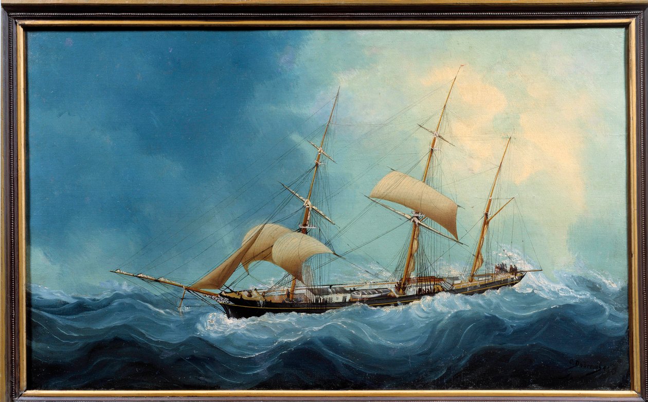En tre-mattet sejlbåd i flyvning Maleri af Charles Cheri Dubreuil (Cheri-Dubreuil) (1828-1880) 1865 - Fecamp. Musee Des Terre Neuvas - Et tre-mastet skib på flugt. Maleri af Charles Dubreuil (1800-tallet) af Charles Cheri Dubreuil