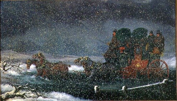 En diligence i en strøm i en snestorm (olie på lærred) af Charles Cooper Henderson