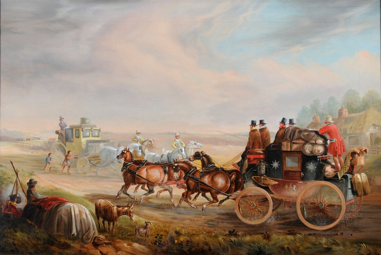 Hull-London Royal Mail Meeting a Travelling Chariot on the Road, ca. 1835 (olie på lærred) af Charles Cooper Henderson