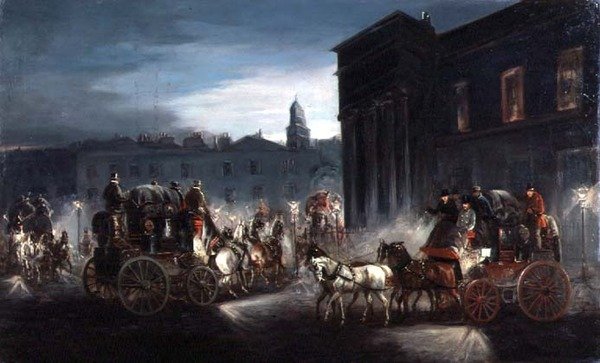 Edinburgh Mail Coach og andre busser i en Lamplit Street (olie) af Charles Cooper Henderson