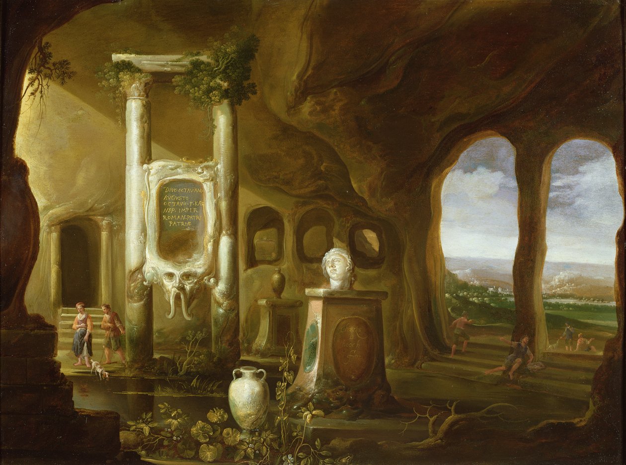 Et monument til Augustus, i en grotte med figurer, 17. århundrede af Charles Cornelisz de Hooch