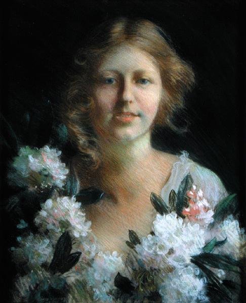 Portræt af en dame med blomster af Charles Courtney Curran