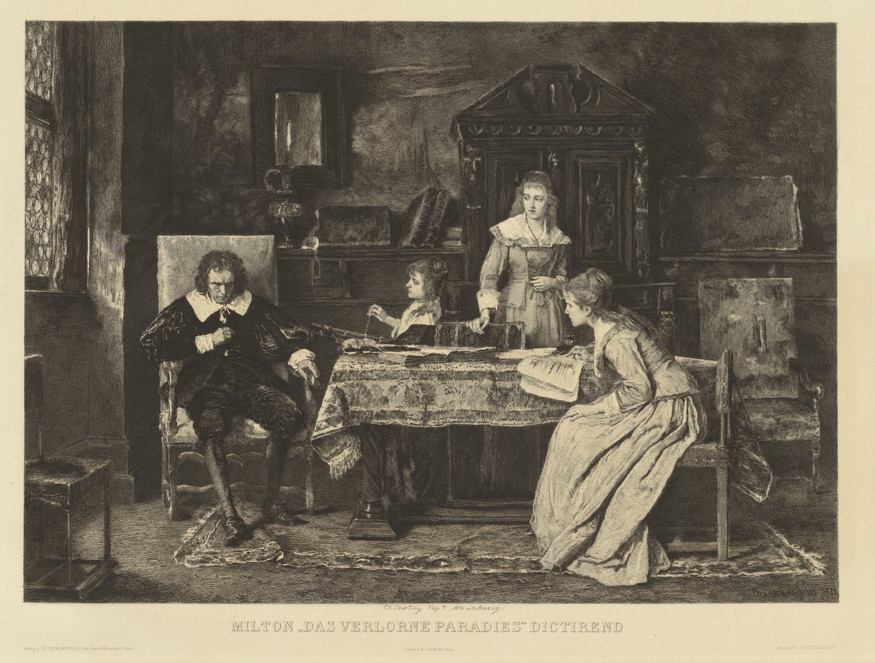 Milton, der sidder i en lænestol, dikterer sit paradis tabt til en af ​​sine døtre. I den r.r.h. Munkacsy i 1878. I margen: Ch. Courty d