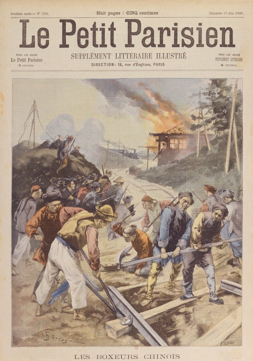The Boxer Rebellion (1900-01), Boksere saboterer jernbanen, juni 1900 (tryk) af Charles Crespin