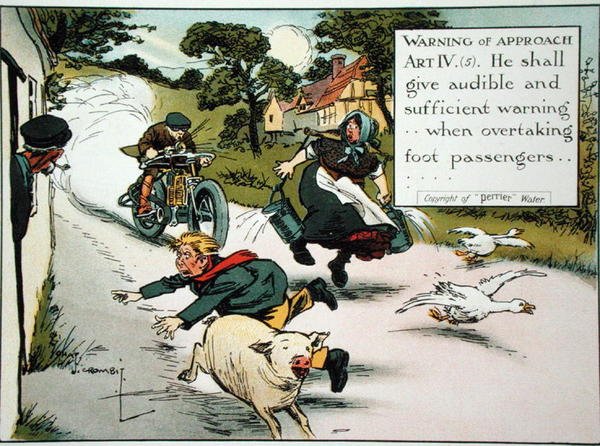 Advarsel om tilgang. Kunst. IV.(5) Han skal give hørbar og tilstrækkelig advarsel...når han overhaler fodgængere, fra en bog med færdselsregler, udgivet ca. 1905 (farve litho) af Charles Crombie