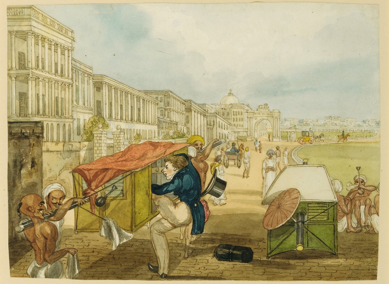 En uerfaren Palanquin-rytter, Tom Shaw Lejer en Palanquin på Esplanade, Calcutta af Charles DOyly