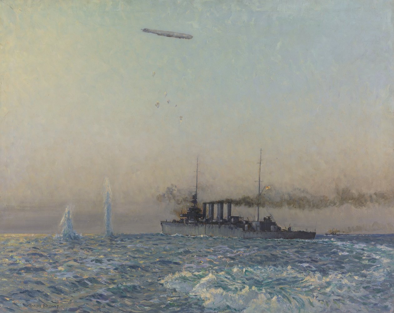 HMAS Sydneys kamp med en Zeppelin i Nordsøen, 1918 af Charles David Jones Bryant