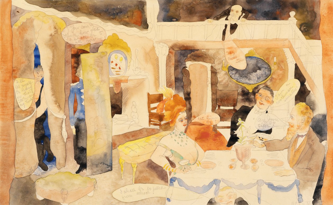 Lulu og Alva Schoen til frokost, 1918 (wc & blyant på papir) af Charles Demuth