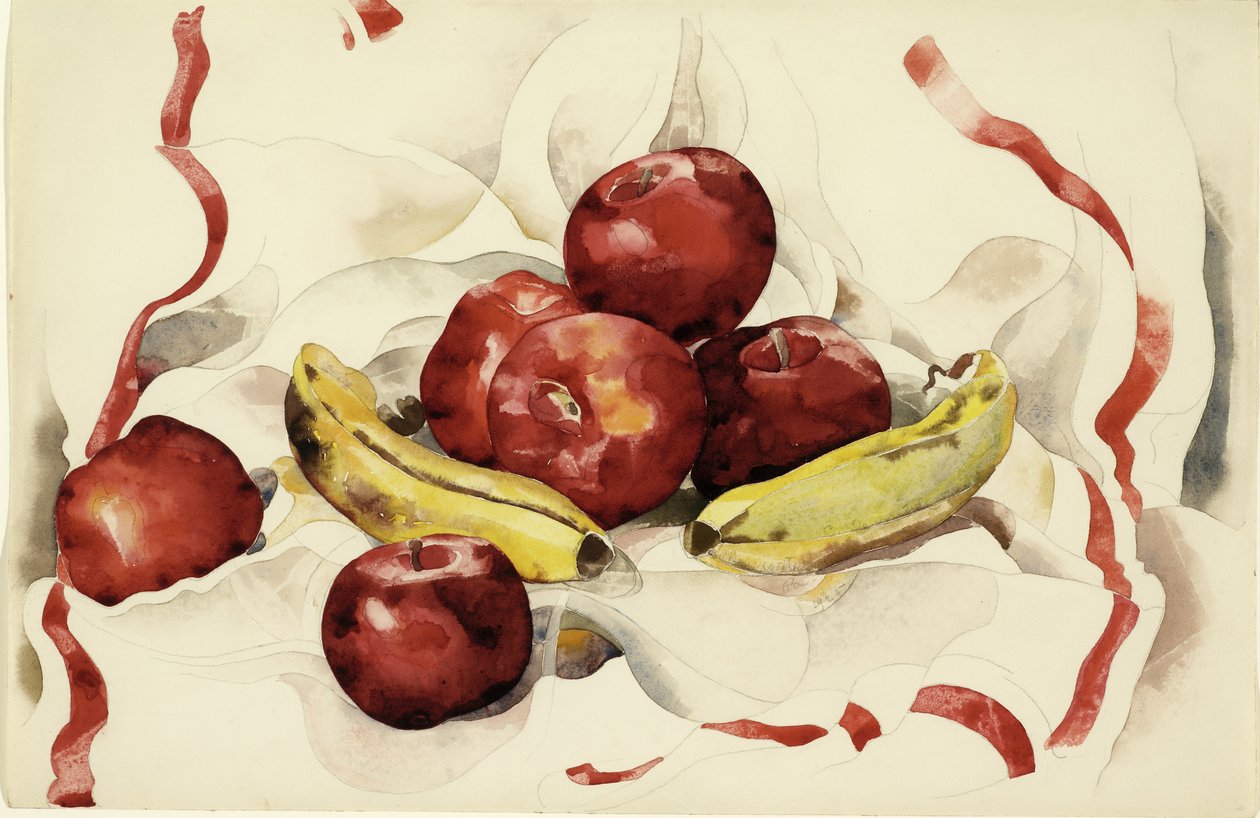 Stilleben med æbler og bananer, ca. 1925 (wc og grafitblyant på vævet papir) af Charles Demuth