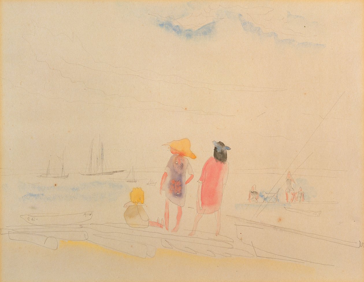 To kvinder og barn på stranden (wc og blyant på papir) af Charles Demuth