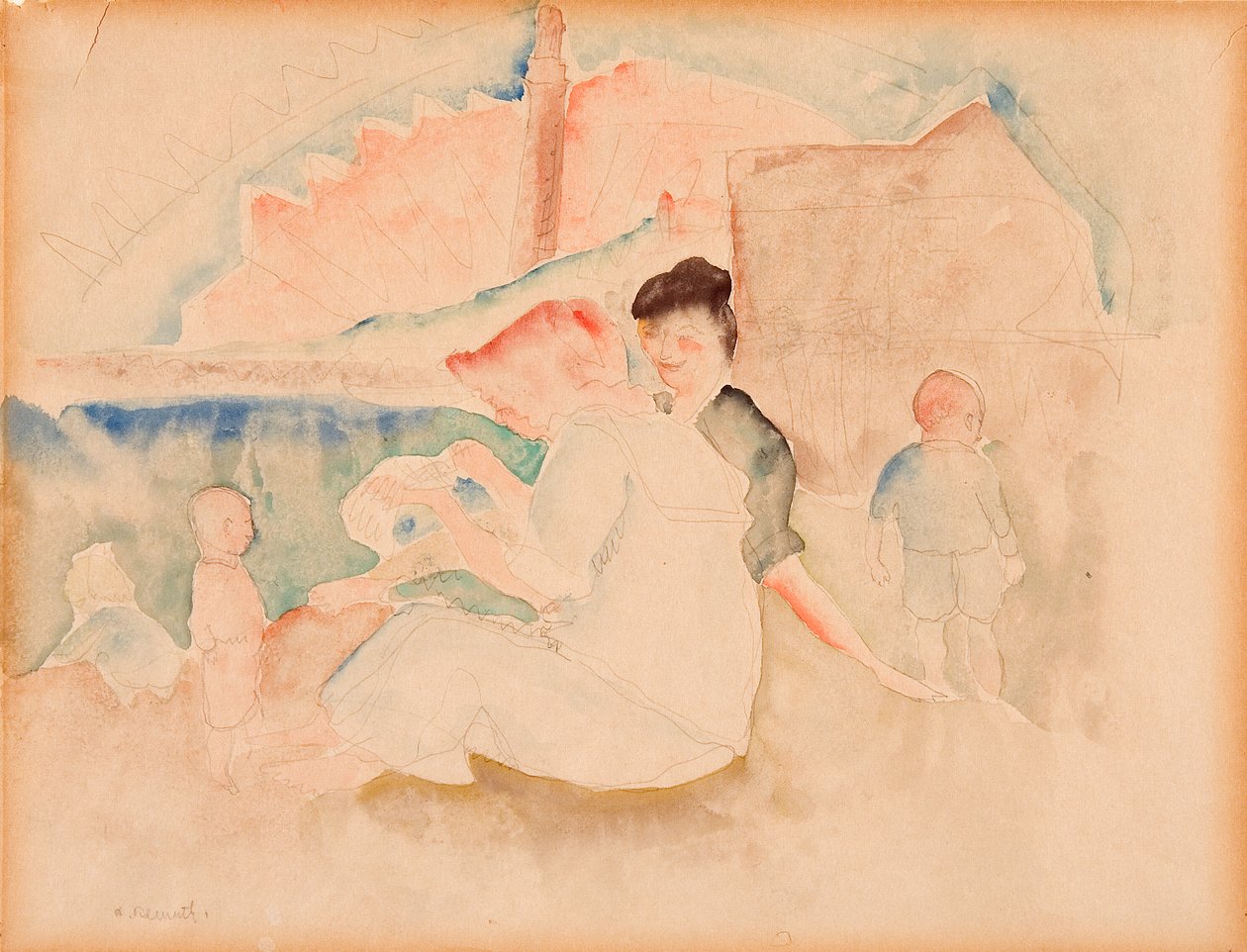 Uden titel (To kvinder og tre børn på stranden) af Charles Demuth