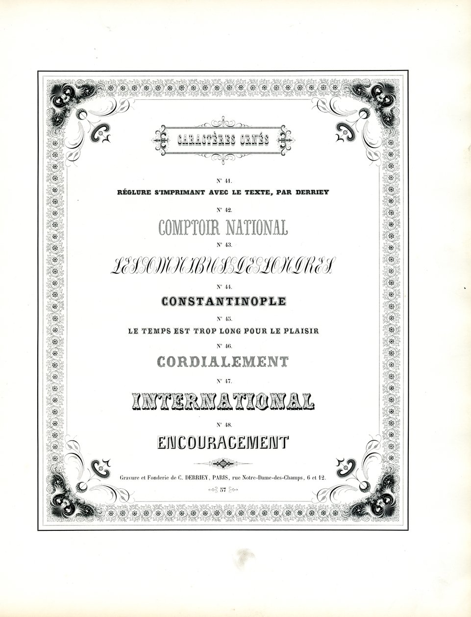 Dekorative skrifttyper med blomstret hjørneornamentramme (print) af Charles Derriey