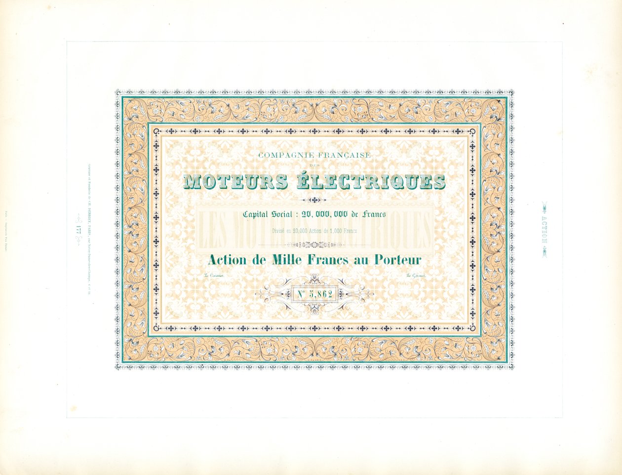 Aktiecertifikat "Elektriske motorer" (print) af Charles Derriey
