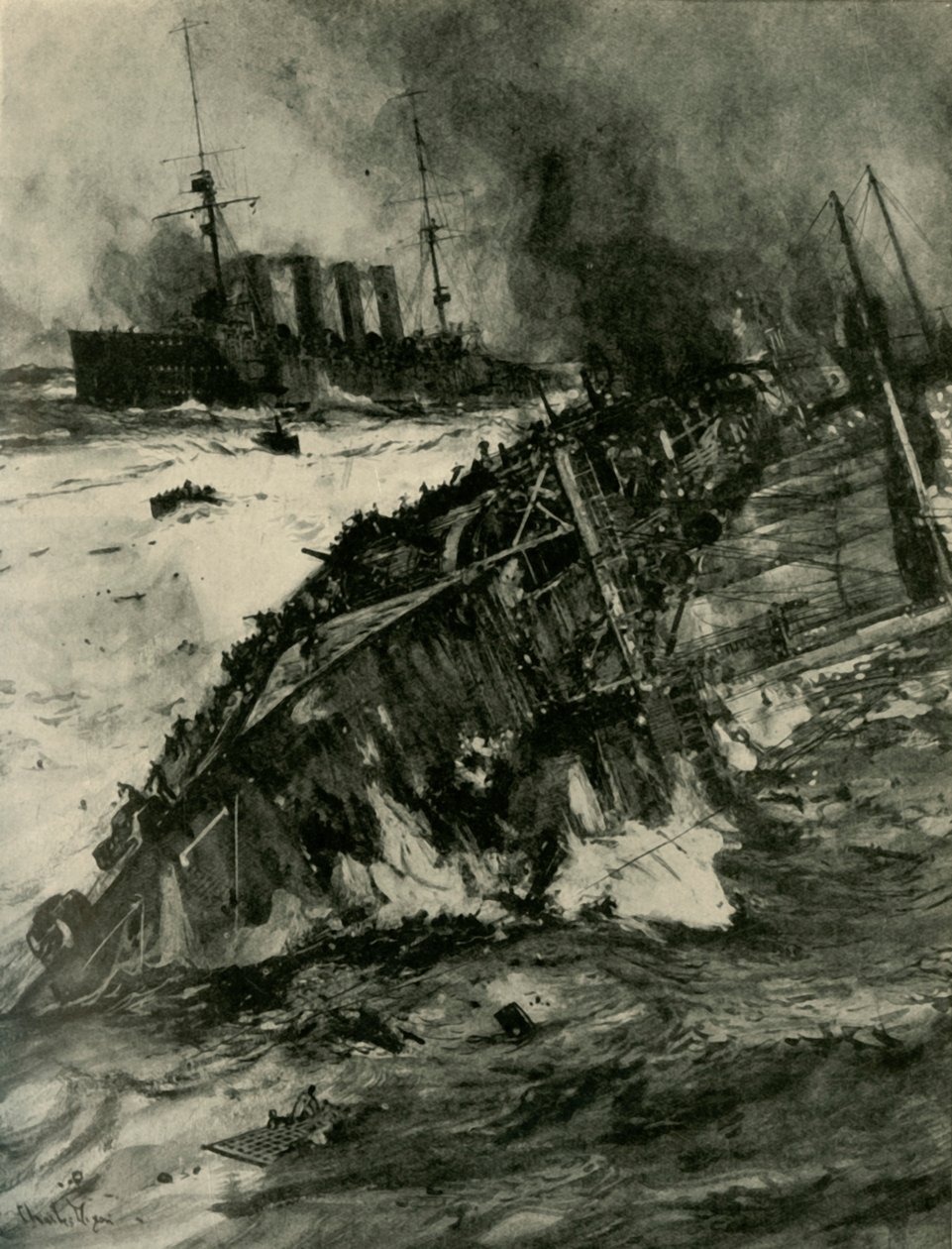 Forliset af HMS Aboukir, Første Verdenskrig, 22. september 1914, c1920. af Charles Dixon