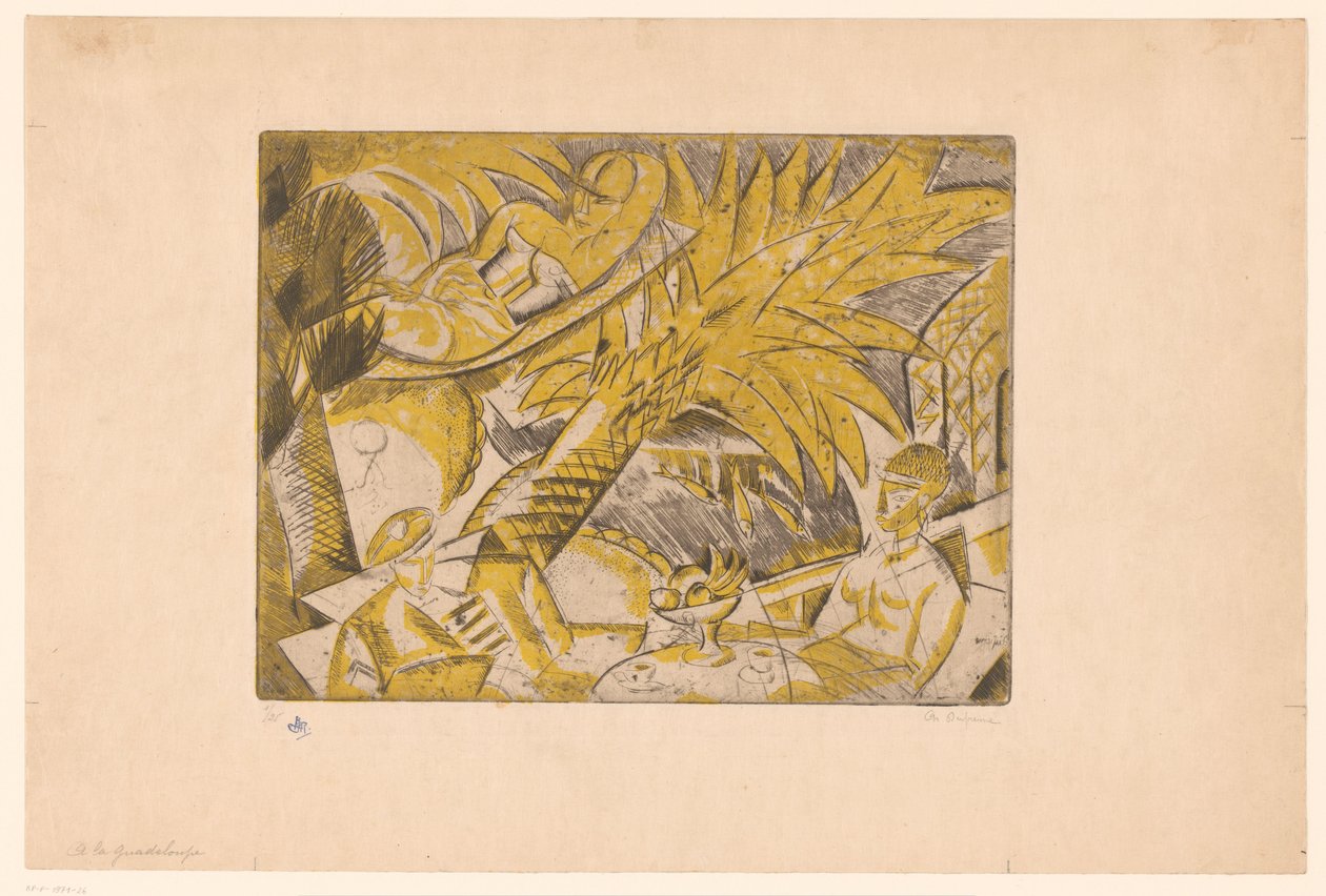 Solbadende figurer under en palme A la Guadeloupe (titel på objekt) af Charles Dufresne (signed by artist)