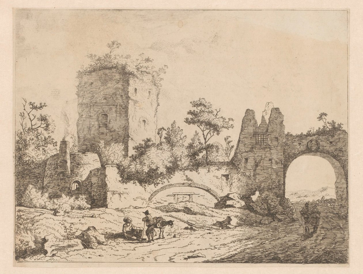 Landskab med ruiner af et tårn og en port Tryk med ruiner i landskaber (serietitel) Cahier de ruines et de paysages (serietitel) af Charles Echard (attributed to)