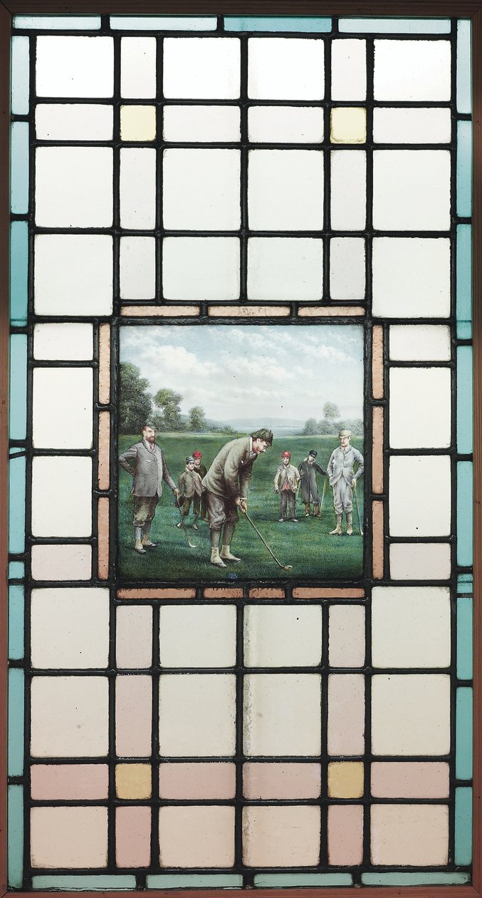 Et sent victoriansk blyholdigt glasvindue med golfspillerne, ca. 1890 af Charles Edmund Brock