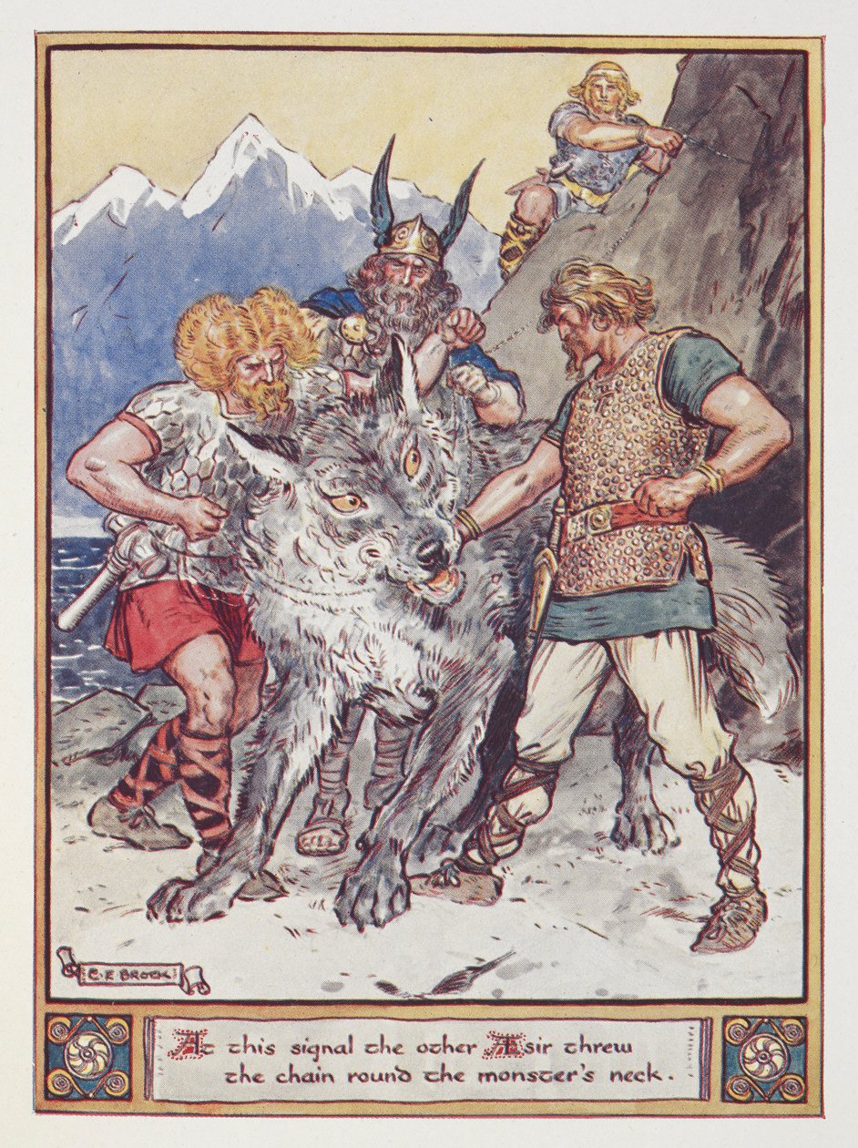 Ved dette signal kastede den anden esir kæden om halsen på uhyret. Tyr lover sin hånd for at lænke ulven Fenrir