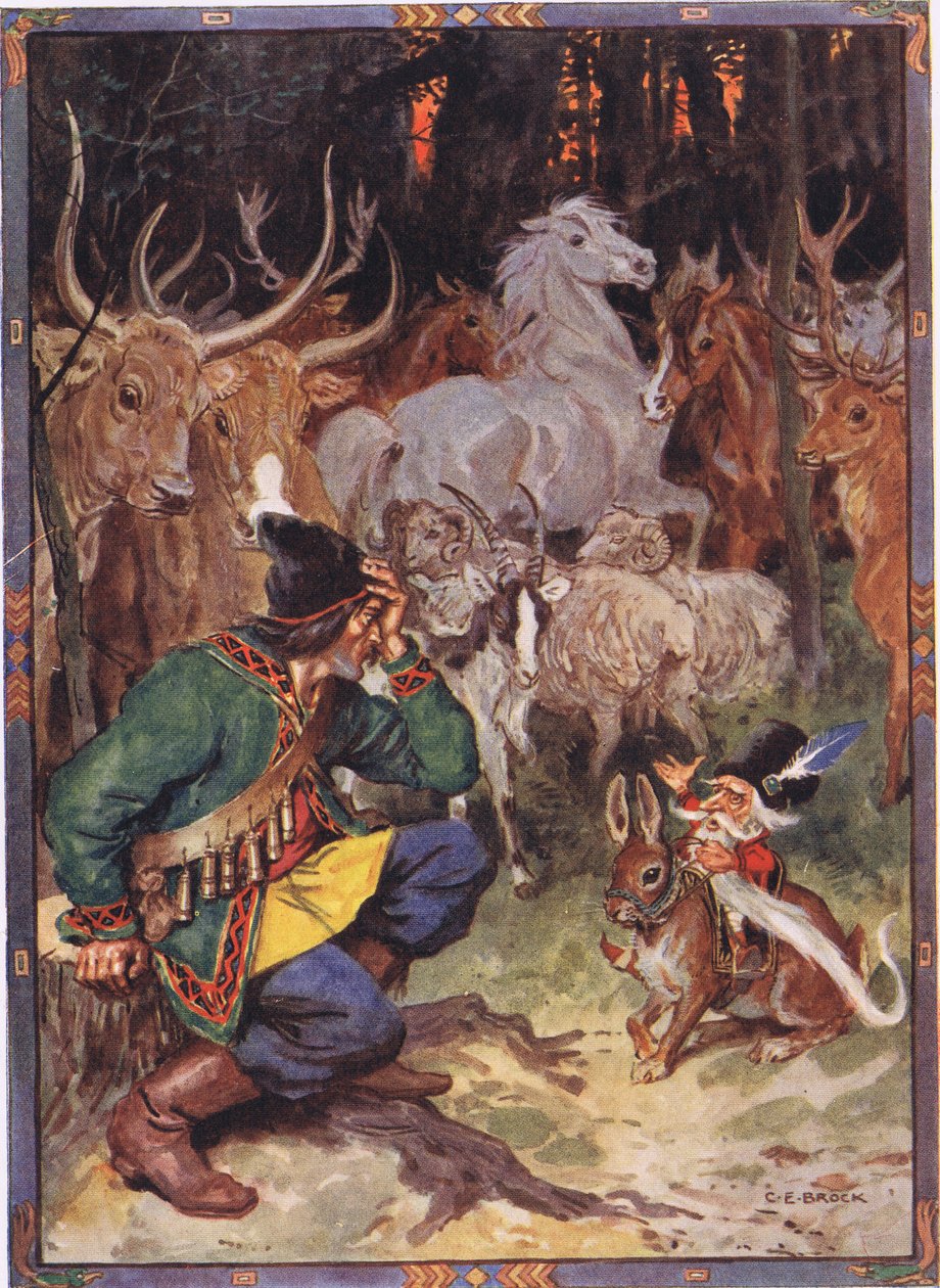 Hej! God mand, jeg ved, hvad der bekymrer dig, scene fra Sur the Eagle i Childrens Stories from Rumenian Legends af Moses Gaster (1856-1939) 1921 af Charles Edmund Brock
