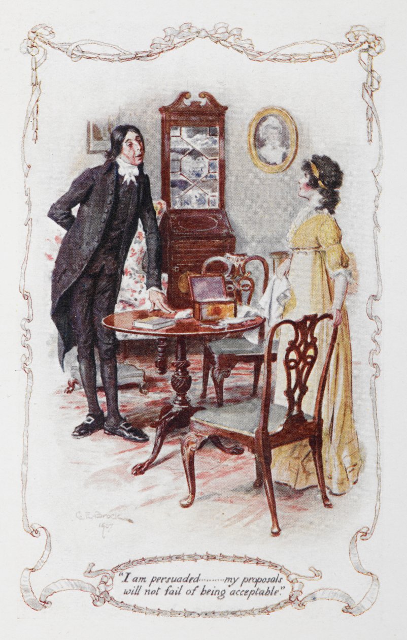 "Jeg blev overbevist ,,, mine forslag vil ikke fejle i at være acceptable", hr. Collins og Elizabeth Bennet, illustration til 