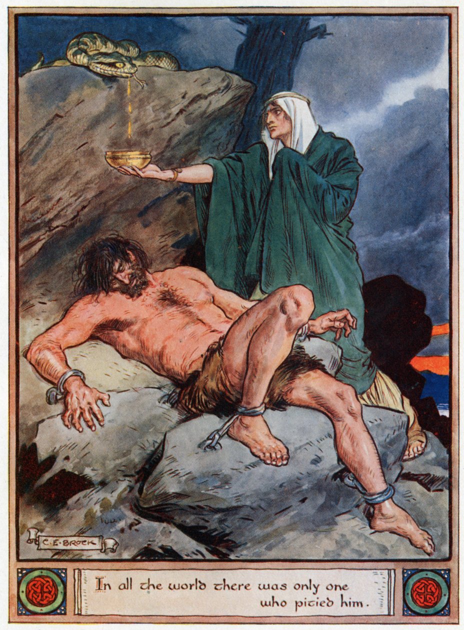 "I hele verden var der kun én, der havde medlidenhed med ham", illustration fra "The Heroes of Asgard, tales from Scandinavian Mythology", af A und E Keary, 1930 af Charles Edmund Brock