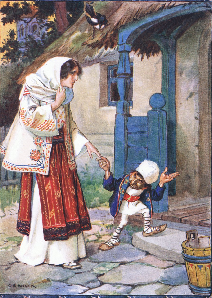 Lillebror Bit tog sin dejlige brud med til huset, som han havde bygget til hende, scene fra Lillebror Bit i Childrens Stories from Rumenian Legends af Moses Gaster (1856-1939) 1921 (farve lith af Charles Edmund Brock