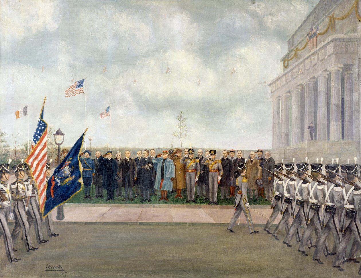 Marshal Joffre på mission til Washington for at inspicere studerende fra West Point, forår 1917, af Charles Edmund Brock (1870-1938), Første Verdenskrig, USA, 20. århundrede af Charles Edmund Brock