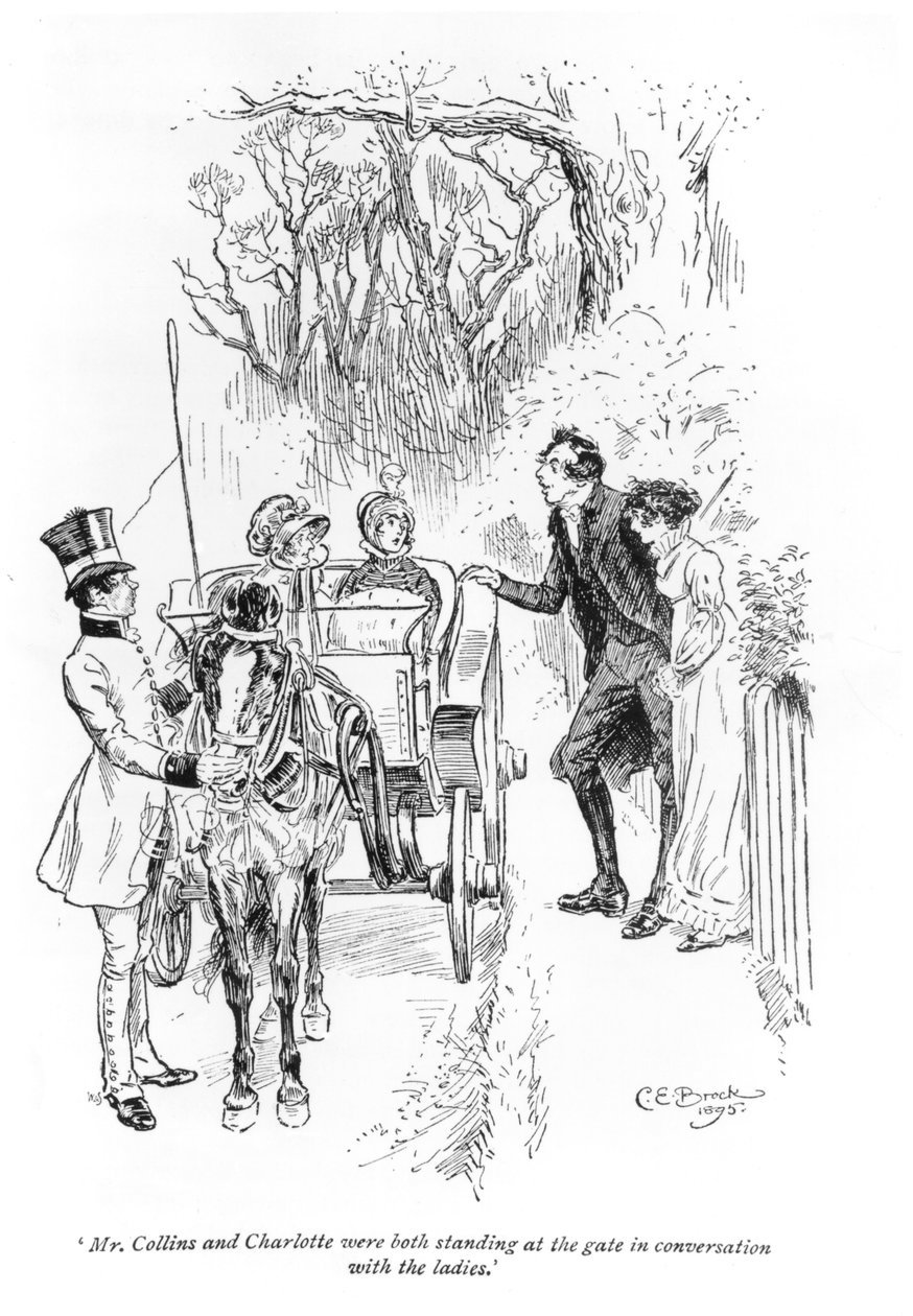 "Mr. Collins og Charlotte stod begge ved porten og talte med damerne", illustration fra "Pride and Prejudice" af Jane Austen, 1895 af Charles Edmund Brock
