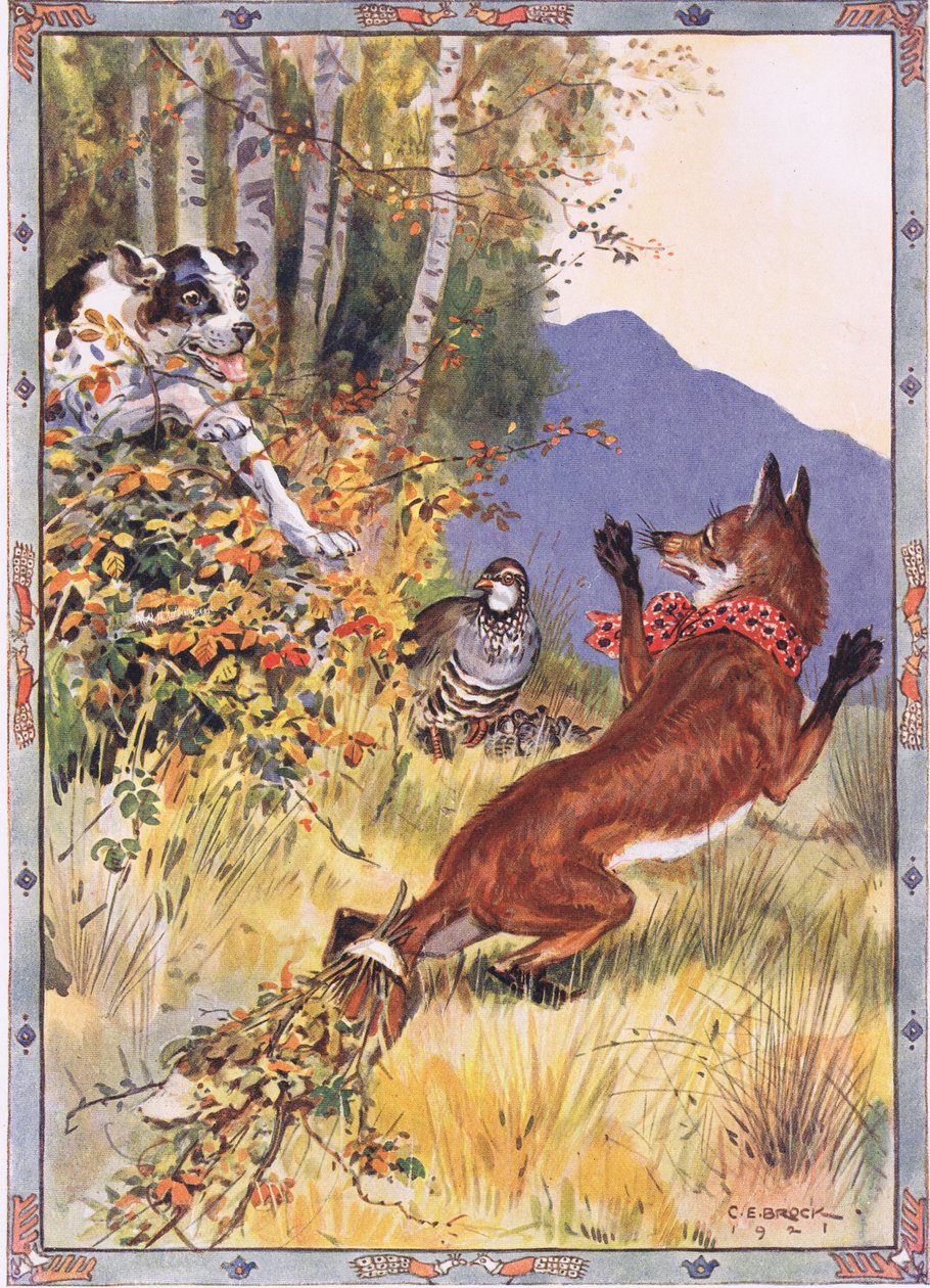 Ud af buskene sprang hunden, scene fra Historien om Agerhønen, ræven og hunden i børnehistorier fra rumænske legender af Moses Gaster (1856-1939) 1921 af Charles Edmund Brock