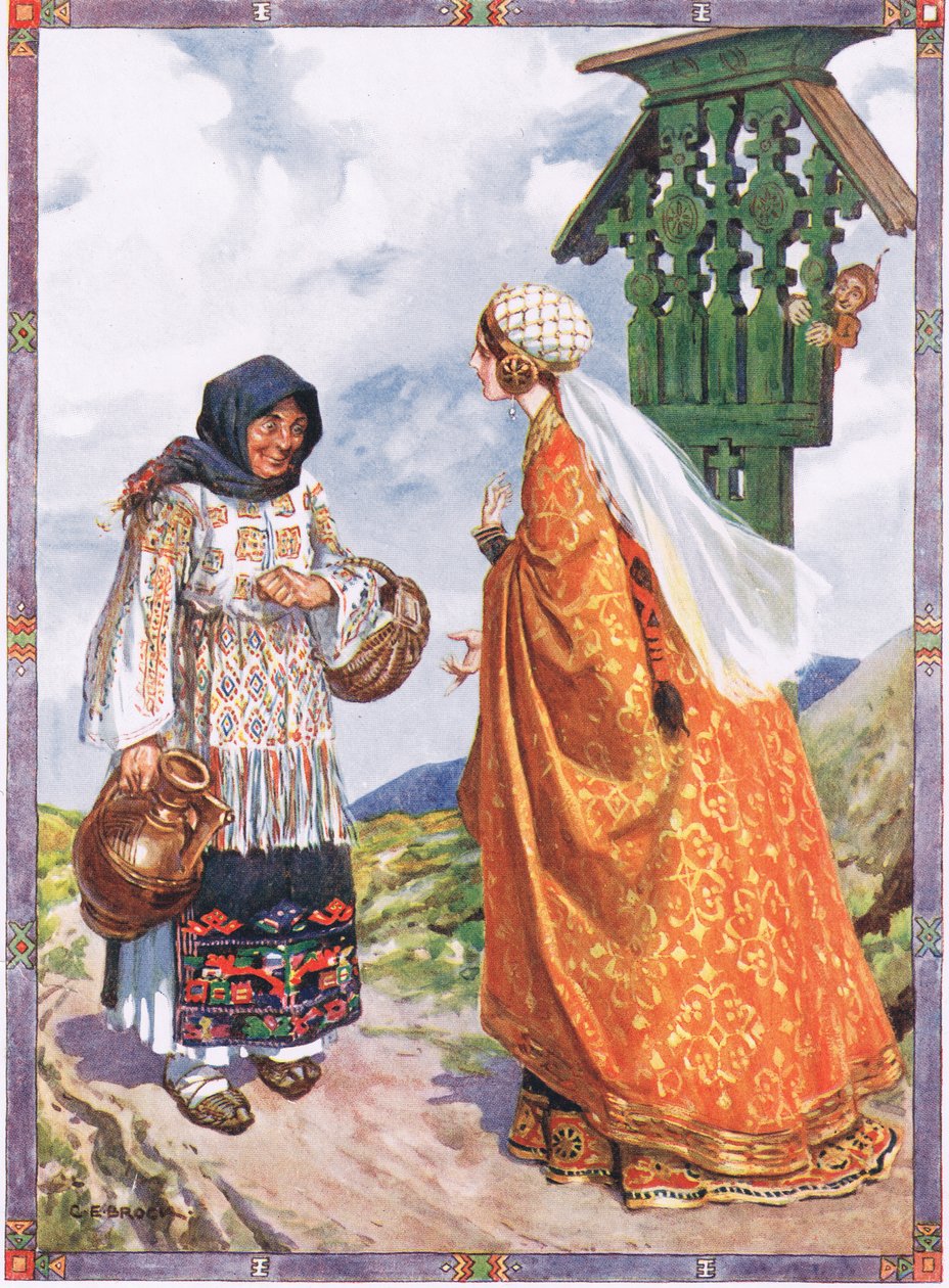 Prinsessen...bad hende om at bytte bøndernes tøj til hendes kongelige klæder, scene fra Good Luck and Bad Luck i børnehistorier fra rumænske legender af Moses Gaster (1856-1939) 1921 (farve af Charles Edmund Brock