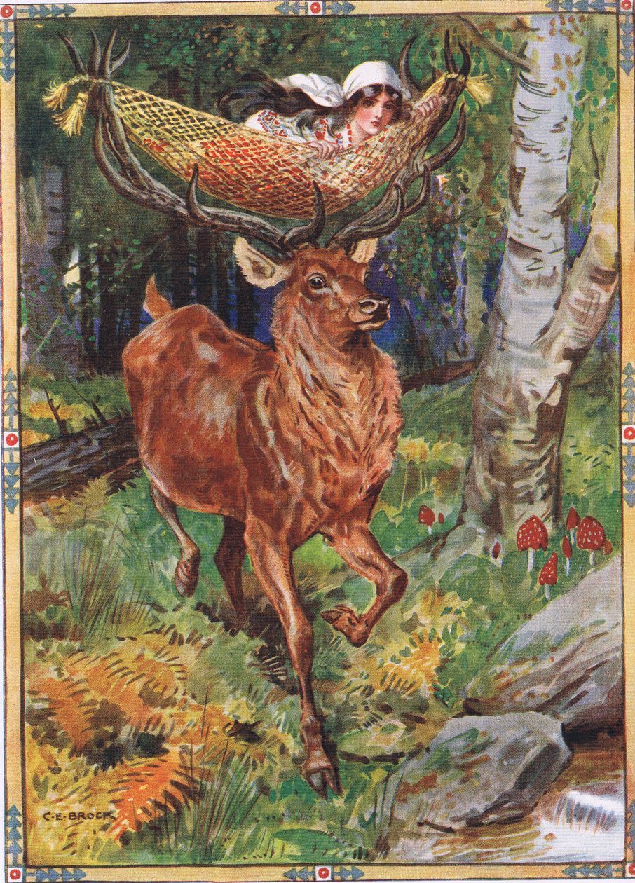 Hjorten med silkehængekøjen fra børnehistorier fra rumænske legender af Moses Gaster (1856-1939) 1921 af Charles Edmund Brock