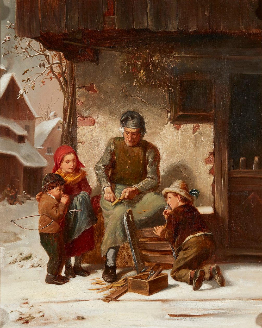 Reparation af slæden (olie på lærred) af Charles Edouard (attr.to) Frere