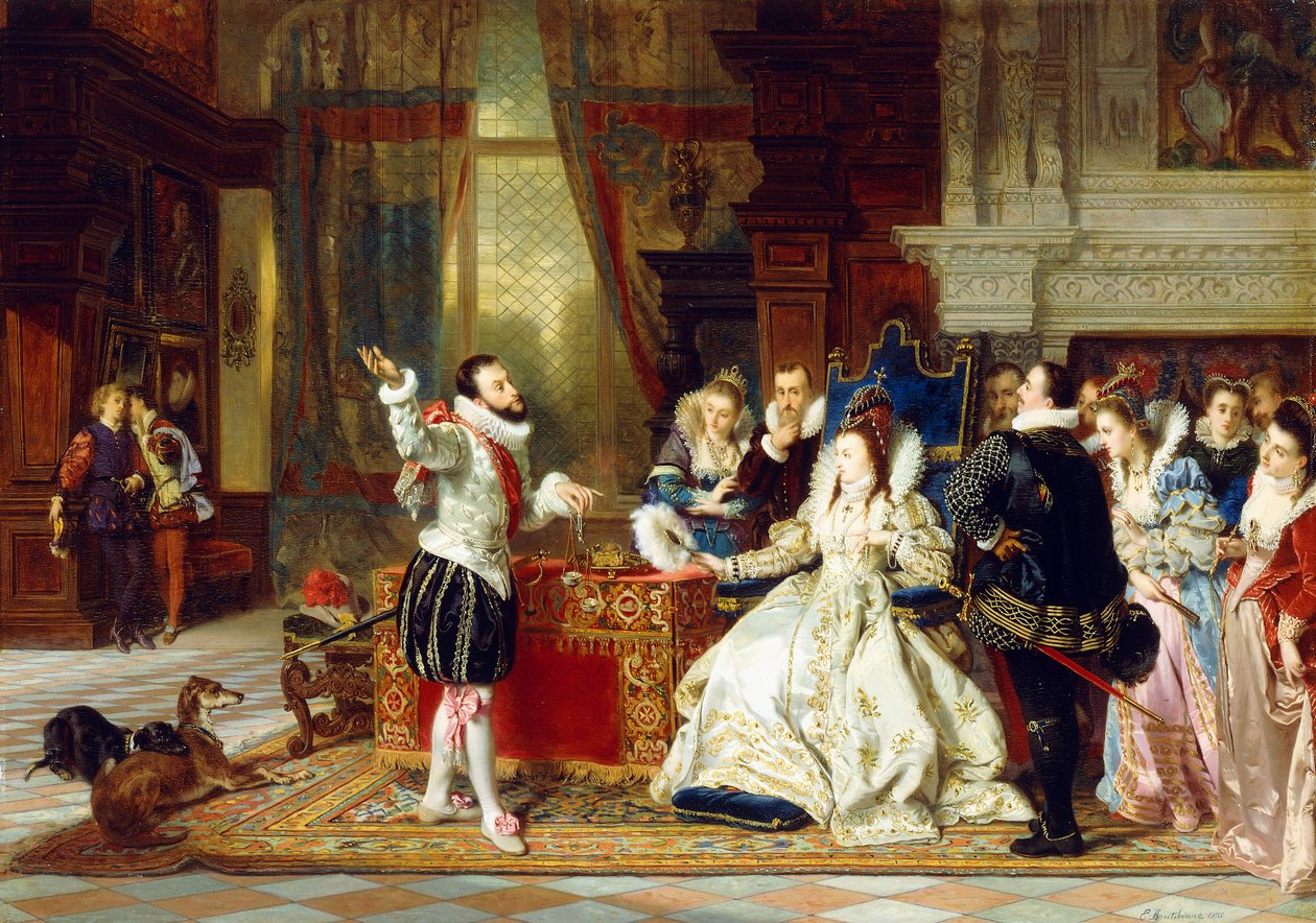 Sir Walter Raleigh og dronning Elizabeth, 1875 af Charles Edouard Boutibonne