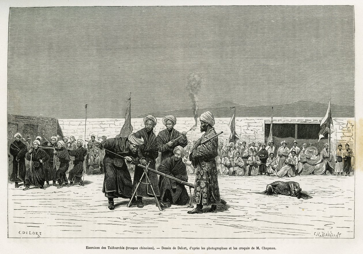 Øvelser med at manipulere Taifourchi bolværksrifler, tropper bevæbnet og trænet af det kinesiske militær, tegning af Delort, for at illustrere minderne om en engelsk ambassade i Kachgar (eller Kashi, Kina) i 1873-74 af Mr. Chapman og Gordon. Indgravering i af Charles Edouard Delort